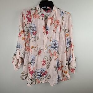Zac & Rachel Floral Watercolor Roll-Tab Sleeve Blouse Small Light Pink‎ Button V